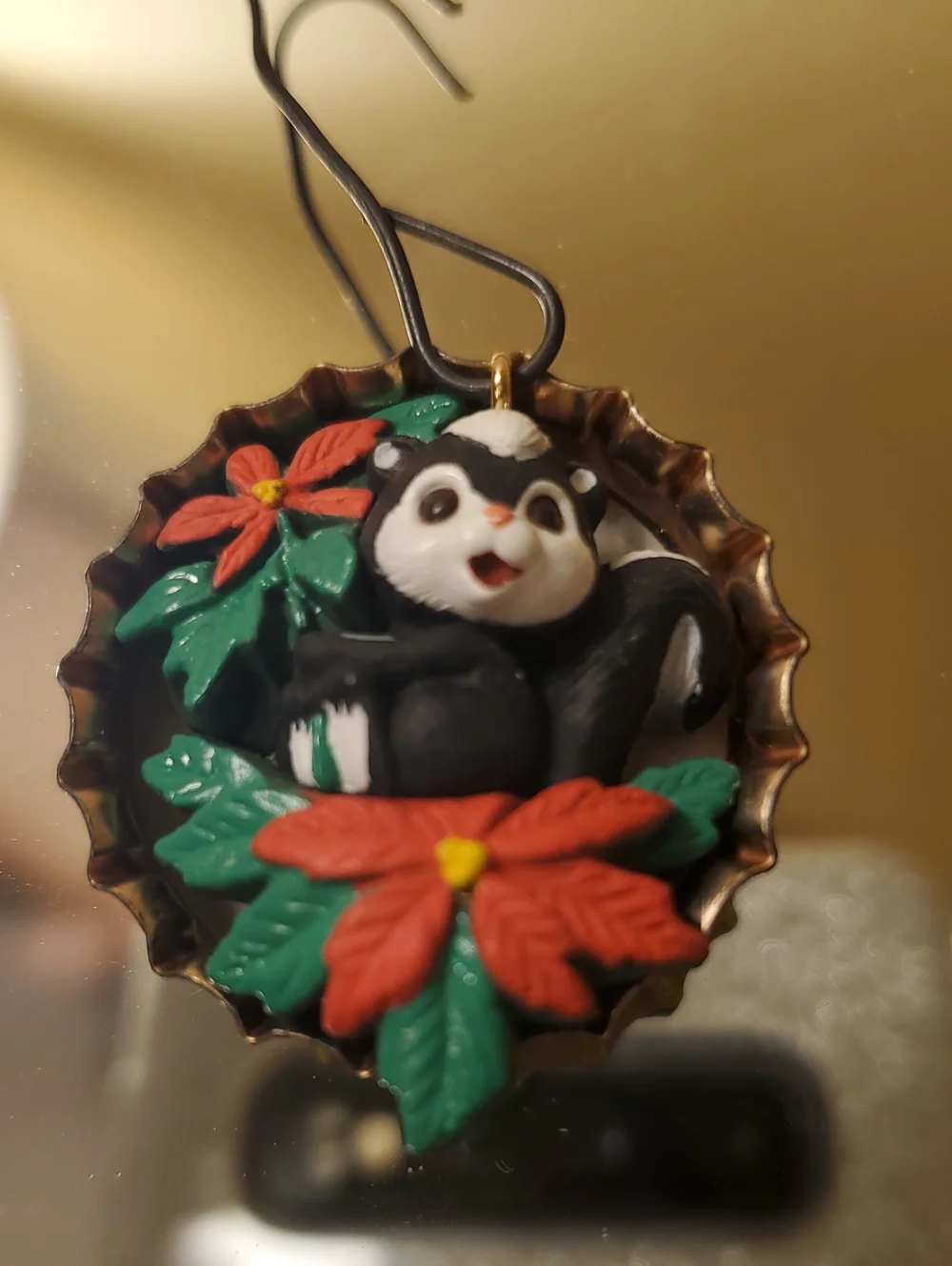 Handcrafted Black and White Skunk Ornament with Red Flowers 1994